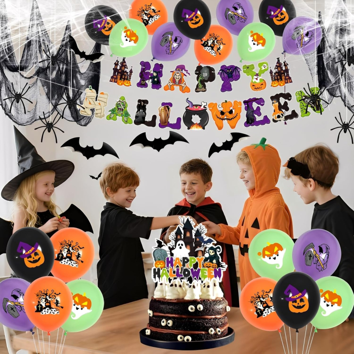 Set Complet Decorațiuni Halloween cu Baloane, Pânză de Păianjen, Lilieci 3D și Banner Happy Halloween [4]
