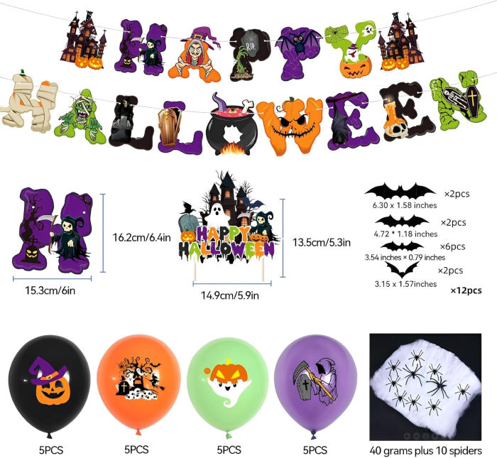 Set Complet Decorațiuni Halloween cu Baloane, Pânză de Păianjen, Lilieci 3D și Banner Happy Halloween [7]
