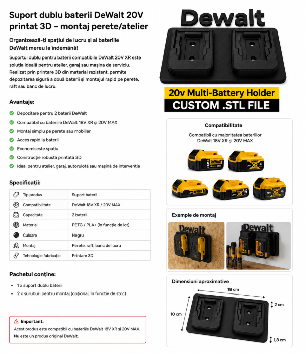 Suport Dublu pentru Baterii DeWalt 20V pentru Perete sau Banc de Lucru, Compatibil XR 18V/20V [2]