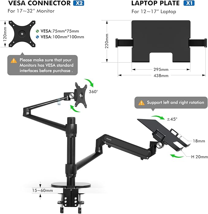 Suport Monitor si Laptop 2 in 1 cu Arc Pneumatic 17–32 inch VESA 75x75 100x100 Reglabil 360° [6]