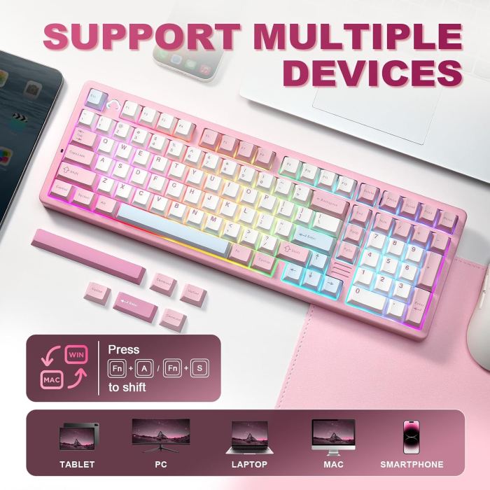 Tastatură Mecanică Wireless YUNZII AL98 Aluminiu RGB Milk V2 Linear Roz [4]