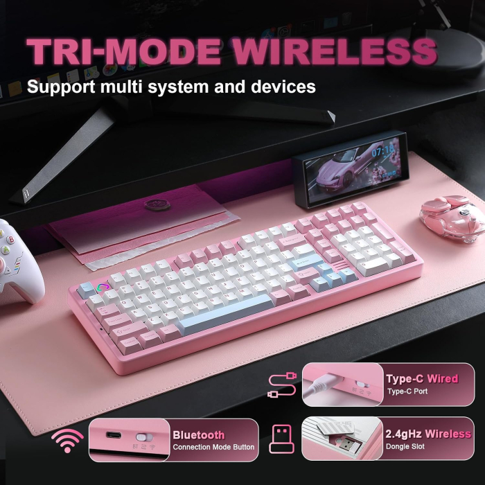 Tastatură Mecanică Wireless YUNZII AL98 Aluminiu RGB Milk V2 Linear Roz [5]