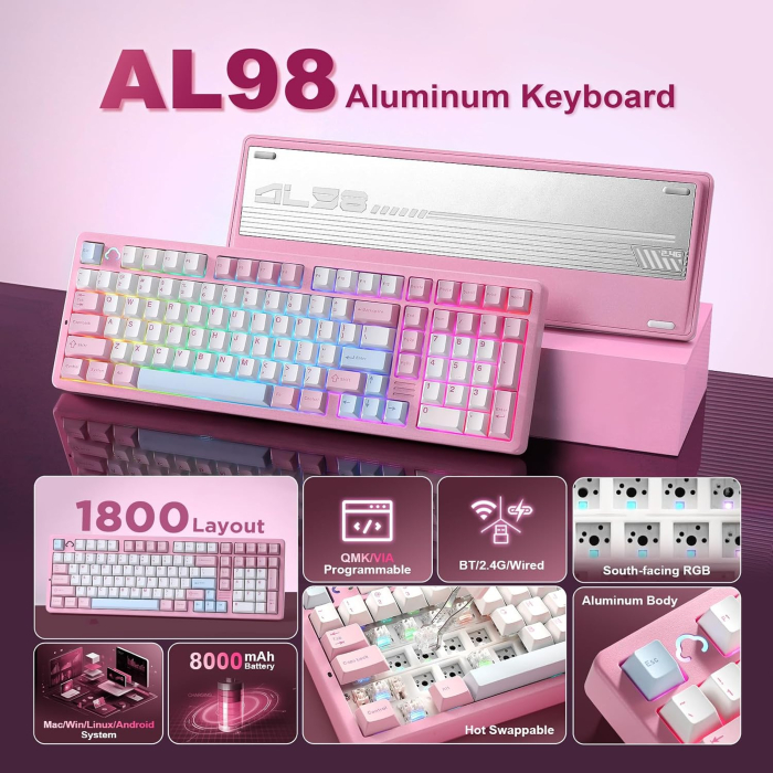 Tastatură Mecanică Wireless YUNZII AL98 Aluminiu RGB Milk V2 Linear Roz [6]