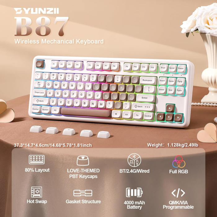 Tastatură Mecanică Wireless YUNZII B87 RGB QMK/VIA Cocoa Cream V2 Blue Heart [9]