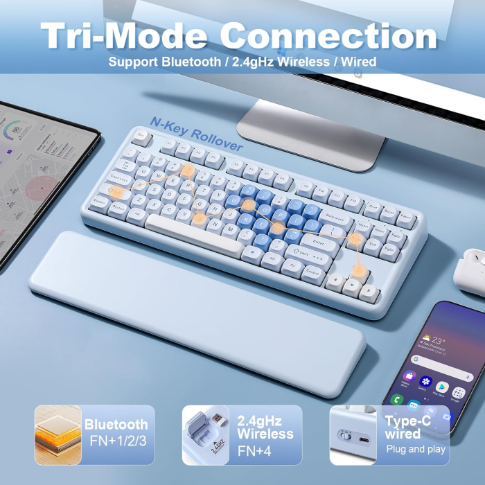 Tastatură Mecanică Wireless YUNZII B87 RGB QMK VIA cu Suport Încheietură Blue Heart [8]