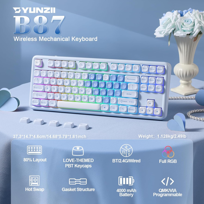 Tastatură Mecanică Wireless YUNZII B87 RGB QMK VIA cu Suport Încheietură Blue Heart [4]