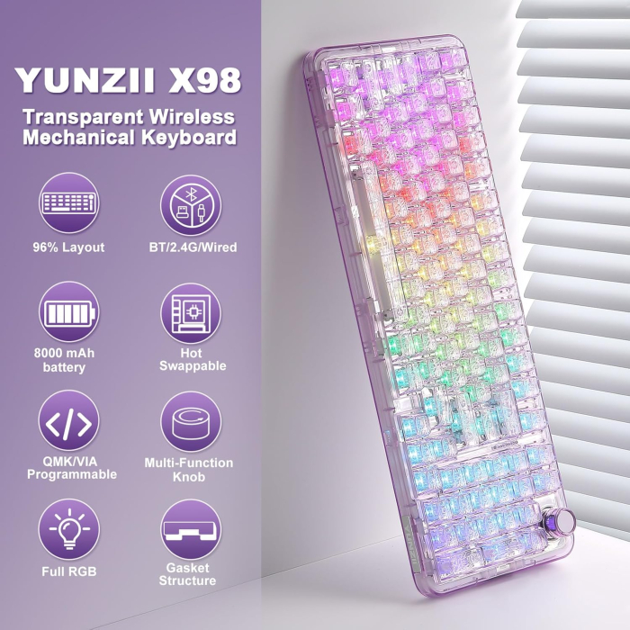 Tastatură Mecanică Wireless YUNZII X98 RGB Transparentă cu Buton Rotativ și Snow Switch [2]