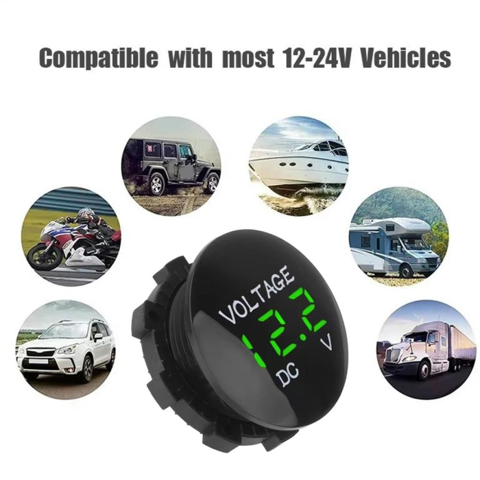 Voltmetru Digital Rotund 5-35V – Afișaj LED Verde, Rezistent la Apă, Ideal pentru Navomodele și Motociclete [8]