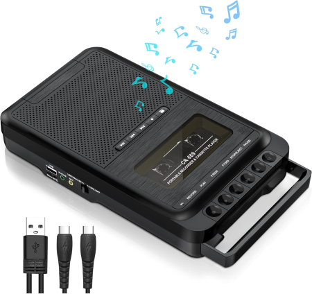 Playere si Boxe portabile - Convertor Casetă Audio în MP3 și Casetofon Portabil USB-C cu USB și Card TF