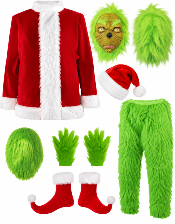 Smart Deals - Costum Grinch pentru Bărbați XL, Set Complet 6 Piese cu Mască și Blană Verde, Crăciun și Halloween