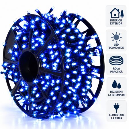 Decoratiuni, ornamente si articole Craciun - Instalație Crăciun pe Rolă 100m, 1000 LED-uri Albastre, Flash, Interior Exterior