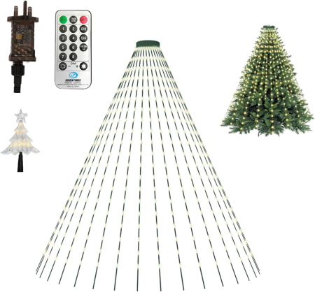 Instalatii de Craciun - Instalatie Luminoasa Brad Craciun 350 LED Alb Cald 10 Siruri 2m cu Stea si Telecomanda