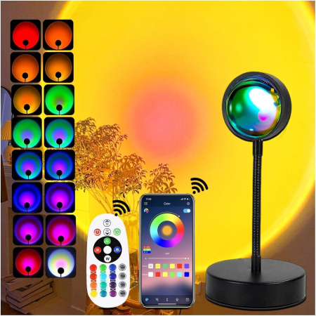 Smart Deals - Lampă Proiector Apus de Soare LED RGB 16 Culori cu Telecomandă și Aplicație