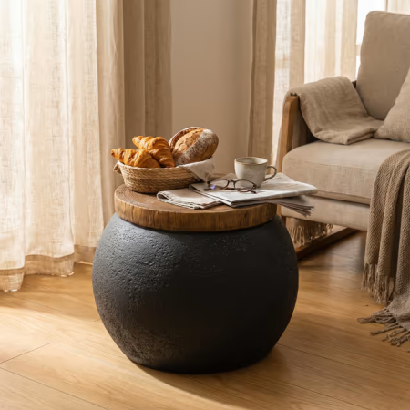 Mobilier - Masă Laterală Rotundă HOMPUS Tip Tambur Negru cu Aspect Lemn pentru Living și Terasă