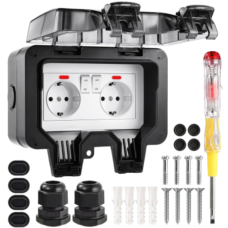 Iluminat & electrice - Priză Dublă Exterior  IP66 cu Întrerupătoare și Protecție Copii – 16A, Negru
