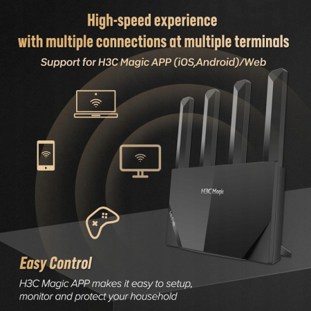 Router WiFi dual band 2,4 / 5 GHz, 4 antene externe, acoperire 60-90 m², standard WiFi 6, porturi Gigabit, ideal pentru apartamente. [4]