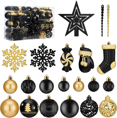 Decoratiuni, ornamente si articole Craciun - Set 128 Globuri și Decorațiuni pentru Brad de Crăciun Negru-Auriu, cu Stea pentru Vârf, Incasabile