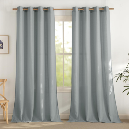 Textile - Set 2 Perdele Semi-Transparente Aspect In cu Inele – Albastru Gri 140 × 245 cm
