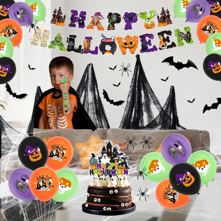 Decoratiuni - Set Complet Decorațiuni Halloween cu Baloane, Pânză de Păianjen, Lilieci 3D și Banner Happy Halloween