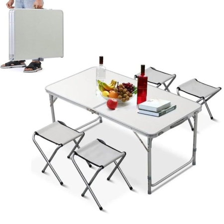 Accesorii Camping și Pescuit - Set camping masa cu 4 scaune pliabile aluminiu argintiu