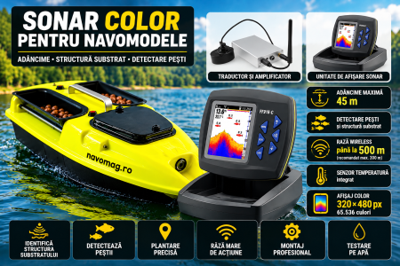 Revizie și Reparații Navomodele - Sonar Color FF918-C pentru Navomodel – Wireless 500 m, cu Montaj Profesional și Testare pe Apă