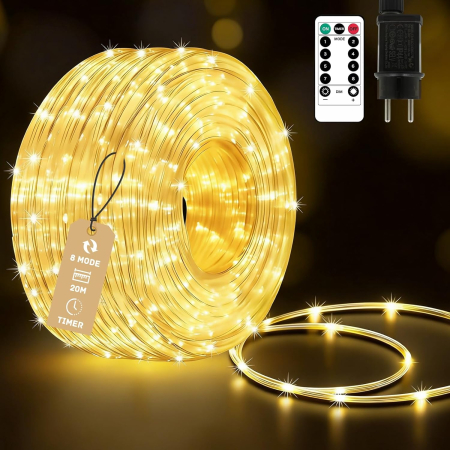 Decoratiuni Craciun - Tub de Lumină LED 23 m cu 400 LED Alb Cald, Timer, 8 Moduri, Dimabil, Rezistent la Apă IP65