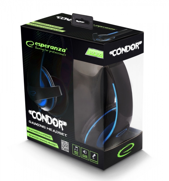 Casti stereo cu microfon, control de volum pe fir pentru gamers, Condor albastru conexiune jack 3.5 mm [4]