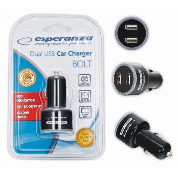 Incarcator auto USB cu 2 intrari si indicator LED, 5V 1A, Negru [2]