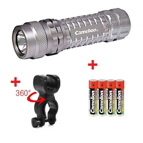 Lanterna rezistenta dn Aluminiu cu bec LED Superluminos T6 AL1W3LR03-BP06, Camelion + suport lanterna pentru bicicleta + 4 baterii AAA [2]