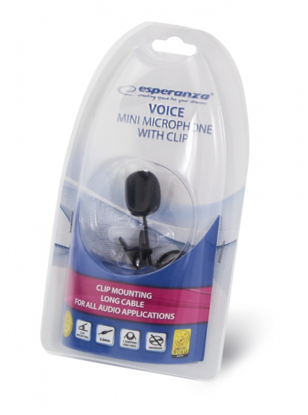 Microfon lavaliera cu clip Voice, caciula antivant si fir Esperanza, compatibil cu toate dispozitivele audio cu port jack 3.5 mm [3]