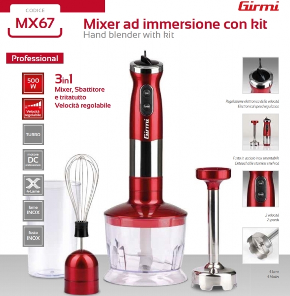 Mixer 3 in 1 Girmi - MX67 cu functie blender si chopper/tocator, 500W, viteza reglabila, lame inox, turbo [4]
