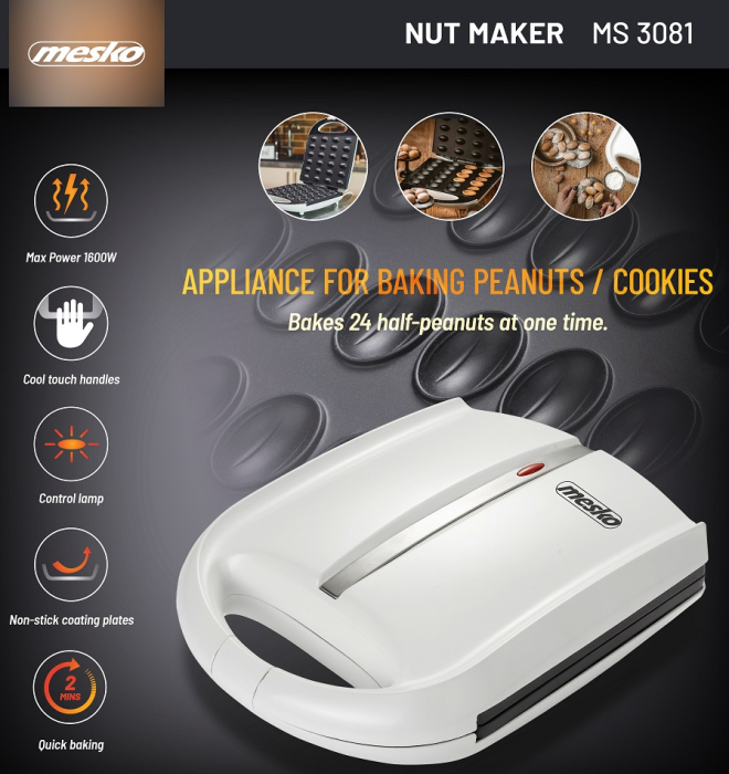 Aparat desert Mesko dublu format cu 24 prajituri in forma de nuci, invelis antiaderent, 1600 W carcasa termoizolanta, picioare antiderapante, negru [6]