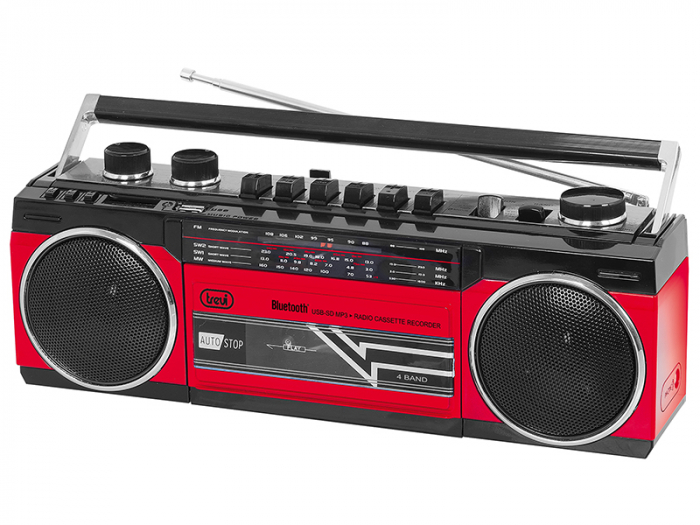 Boombox vintage Trevi Italia Radiocasetofon cu inregistrare pe caseta de la Radio, USB/SD, sau prin microfonul incorporat, 4 benzi radio conectori USB/SD, mufa 3.5mm casti, bluetooth  6.5W  rosu [5]