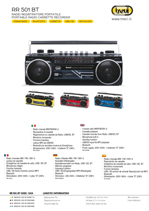 Boombox vintage Trevi Italia Radiocasetofon cu inregistrare pe caseta de la Radio, USB/SD, sau prin microfonul incorporat, 4 benzi radio conectori USB/SD, mufa 3.5mm casti, concectare bluetooth  6.5W [6]