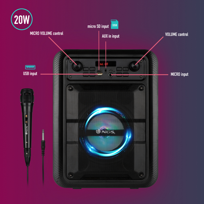 Boxa activa Karaoke portabila bluetooth si microfon cu fir, intrare USB, card reader, AUX,  putere 200 W PMPO [6]