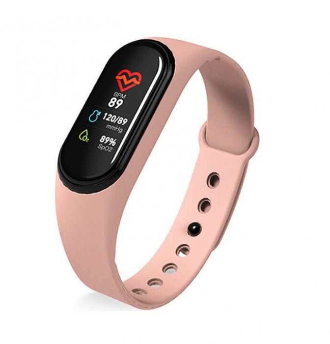 Bratara fitness smartwatch MEM5P Bluetooth, Tensiometru, Pulsoximetru, Ritm Cardiac, Pedometru, Monitorizare Somn, Activitati, Notificari, Roz + bratara de schimb negru [6]