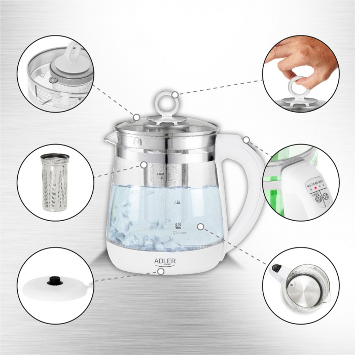 Cana fierbator cu infuzor 1.5L ADLER control temperatura 60 - 100 grade celsius si functie mentinere temperatura, culoare alba [10]