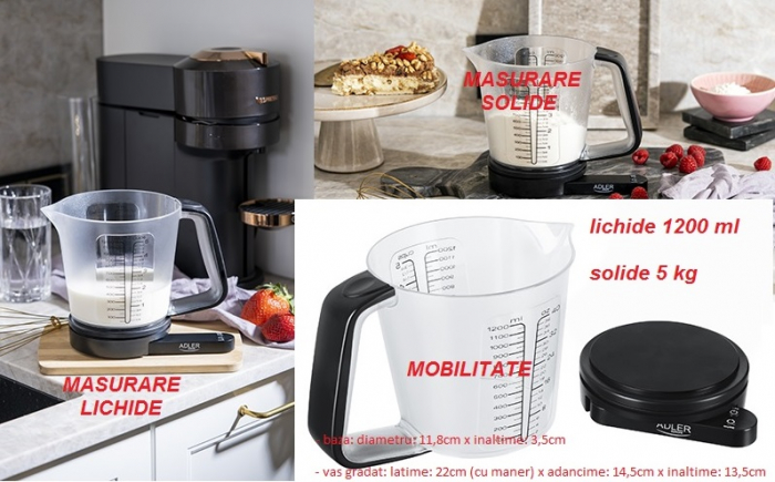 Cantar electronic de bucatarie Adler cu cana gradata masurare lichide sau solide pana la 1200 ml si 5kg, precizie 1g, functie tare negru [9]