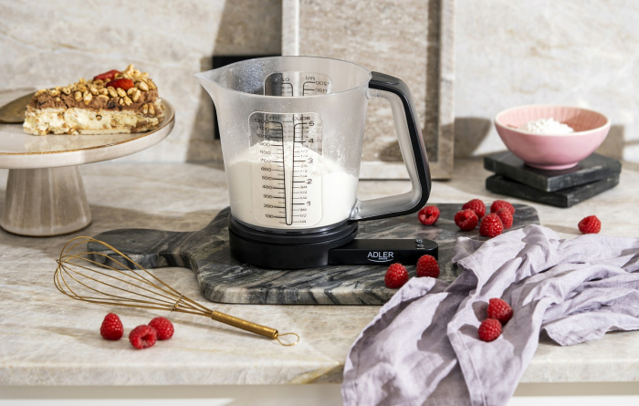 Cantar electronic de bucatarie Adler cu cana gradata masurare lichide sau solide pana la 1200 ml si 5kg, precizie 1g, functie tare negru [6]