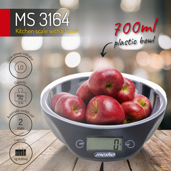 Cantar electronic de bucatarie Mesko ME3164 cu bol de capacitate max. 5 kg, diviziune 1g, functie tara si zero, indica suprasarcina si baterie scazuta, oprire automata [5]