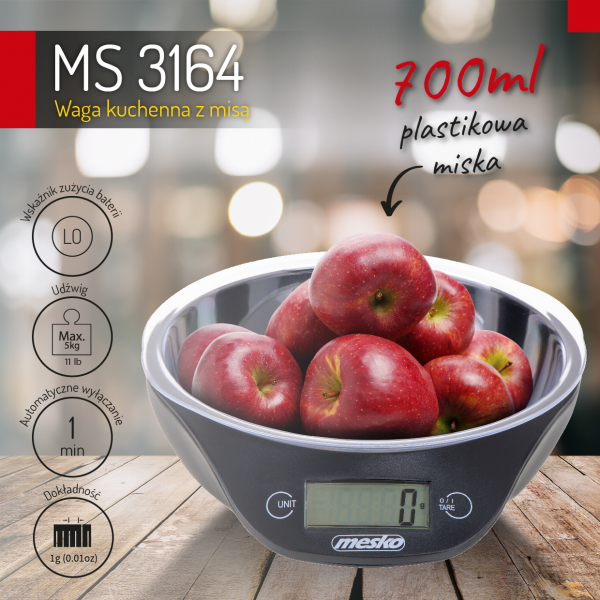 Cantar electronic de bucatarie Mesko ME3164 cu bol de capacitate max. 5 kg, diviziune 1g, functie tara si zero, indica suprasarcina si baterie scazuta, oprire automata [3]