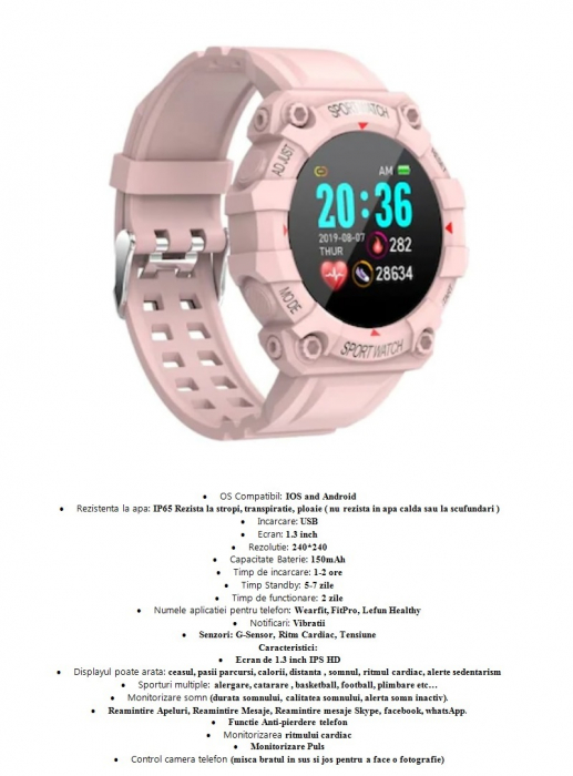 Ceas Smartwatch FD68, 1.3" ecran IPS, design sport, Bluetooth, monitorizare sanatate si activitati sportive Android IOS Roz [10]