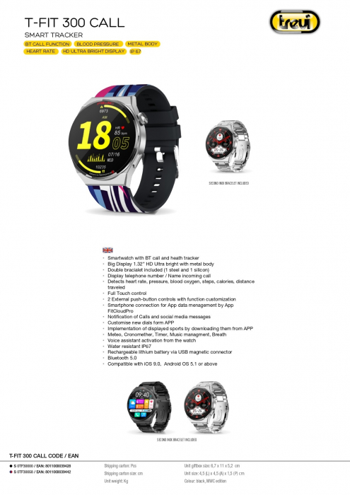 Ceas Smartwatch Trevi Italia carcasa metal IP67 microfon si speaker functie apel, mesaje, monitor sanatate, sport,retele sociale, sistem vocal,Bluetooth,Android,IOS bratara metal de schimb argintiu [13]