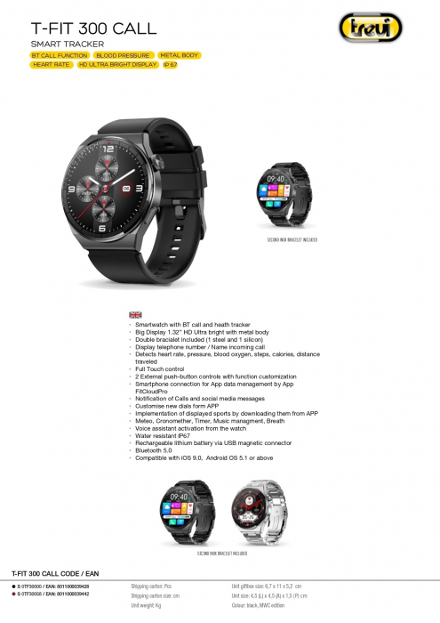 Ceas Smartwatch Trevi Italia TF300 carcasa metal IP67 microfon si speaker functie apel, mesaje, monitor sanatate, sport,retele sociale, sistem vocal,Bluetooth,Android,IOS bratara metal de schimb negru [10]