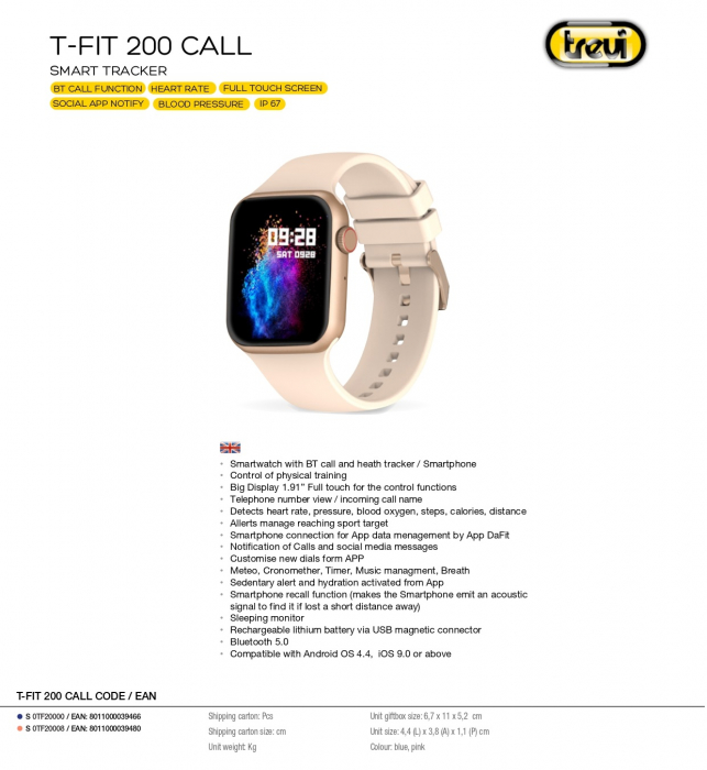 Ceas Smartwatch carcasa metal Trevi Italia TF20008 IP67 microfon si speaker functie apel, mesaje, monitor sanatate, sport,retele sociale, sistem vocal,Bluetooth,Android,IOS Roz [4]