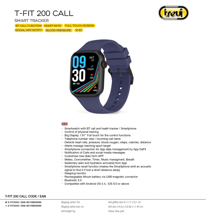 Ceas Smartwatch carcasa metal Trevi Italia TF20000 IP67 microfon si speaker functie apel, mesaje, monitor sanatate, sport,retele sociale, sistem vocal,Bluetooth,Android,IOS Blue [9]