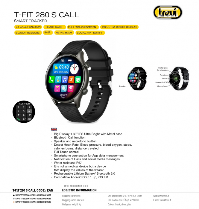 Ceas Smartwatch Trevi Italia TF280S00 carcasa metalica IP67 microfon si speaker functie apel, mesaje, monitorizare sanatate, sport,retele sociale, sistem vocal,Bluetooth, Android,IOS gri platinat [6]
