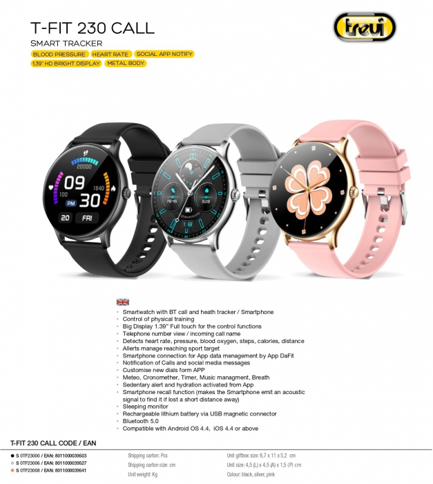 Ceas Smartwatch carcasa metal Trevi Italia TF23000 IP67 microfon si speaker functie apel, mesaje, monitorizare sanatate, sport,retele sociale, sistem vocal,Bluetooth, Android,IOS negru [2]