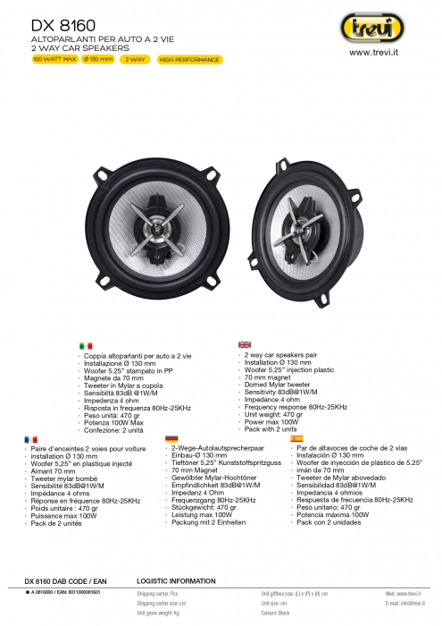Difuzoare auto 2 x 100W 2 cai super TBass  Trevi 8160 Ø 130 mm sensibilitate 83dB Woofer polipropilena surround din carbon frecventa 80Hz-25KHz [2]