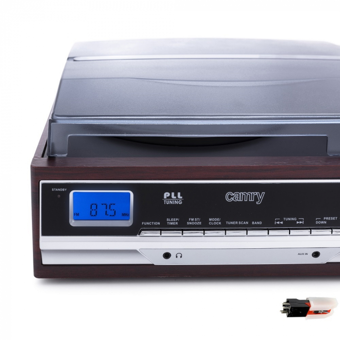 Pick up cu aspect retro 3 viteze redare stereo intrare/iesire AUX radio AM/FM ceas cu alarma doza cu ac de rezerva [3]